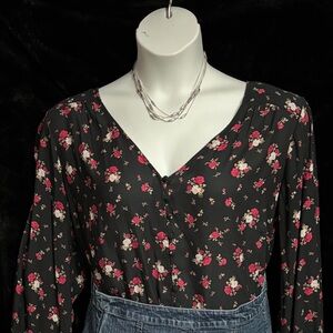 Torrid Black and Pink Floral Fitted Bodysuit with Long Sleeves